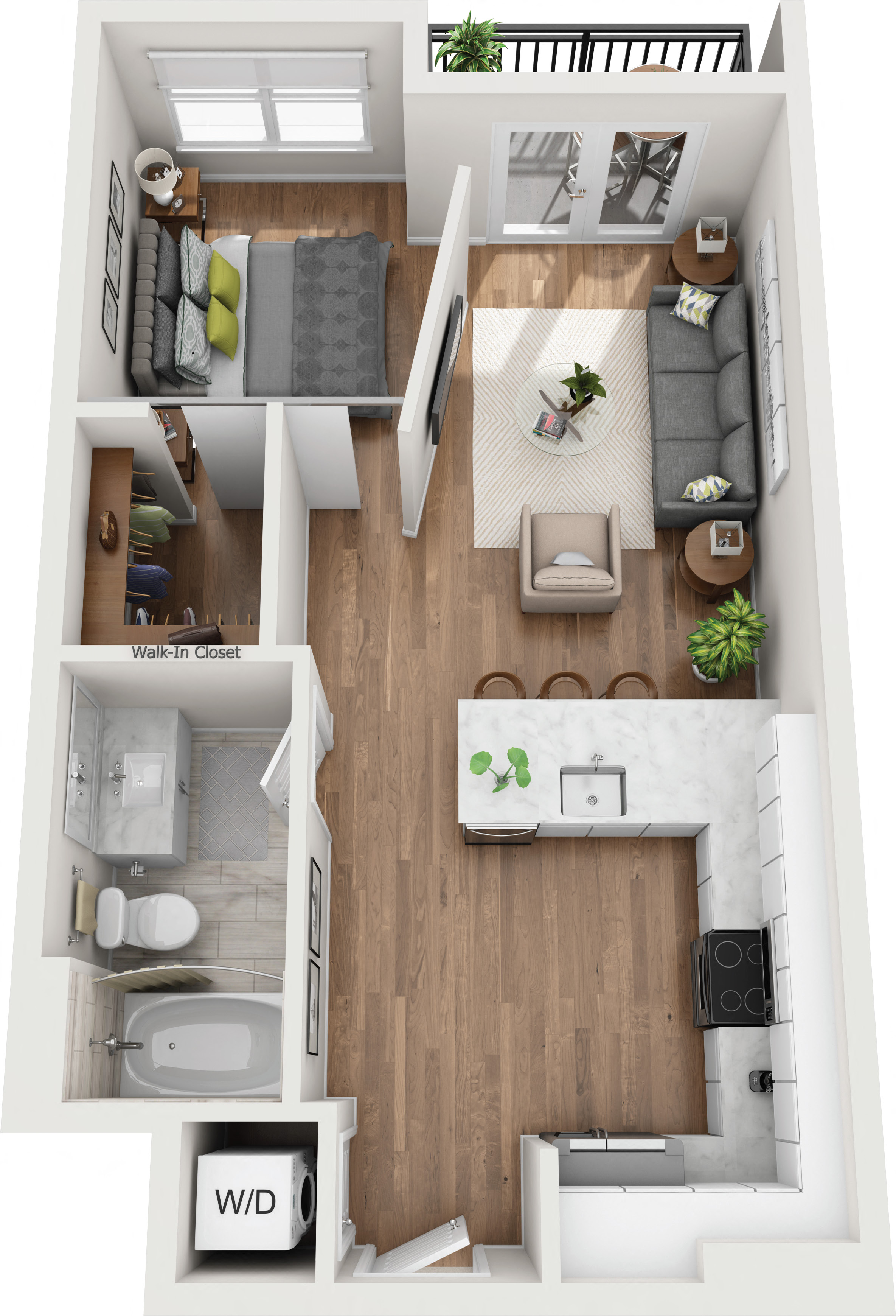 Floor plan for studio, 1 bath, 633 sqft